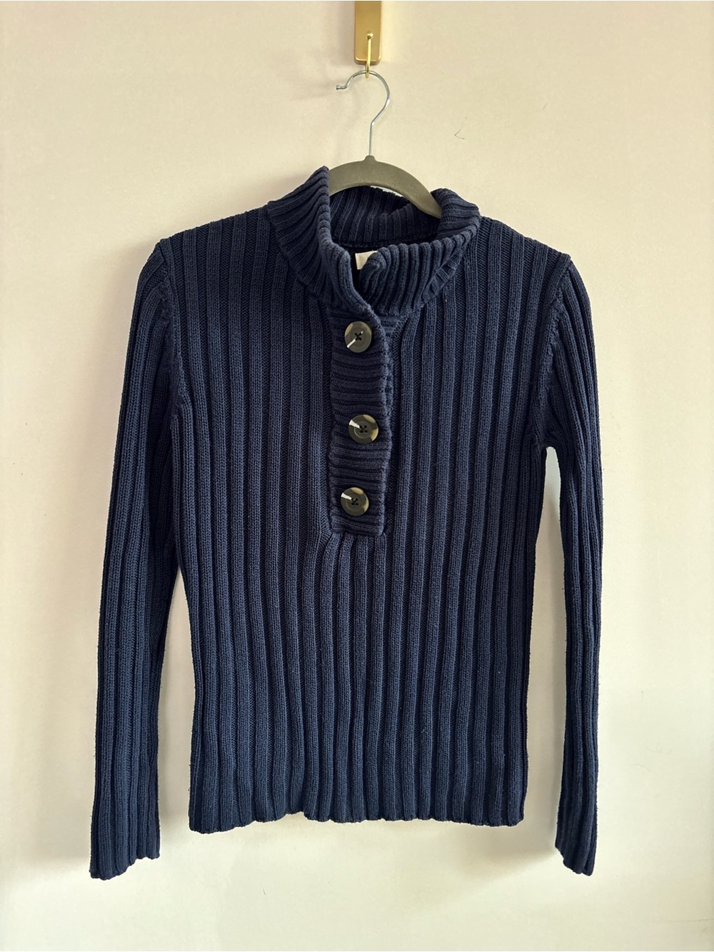 Classic 100% Cotton Dark Navy Ribbed Button-Up Cozy Turtleneck Sweater- Size M